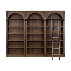 a wooden bookcase with three arched doors and two ladders