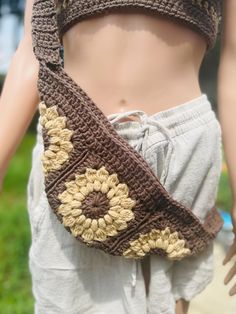 Handmade crochet Fanny Pack/bag Casual Brown Crochet Bag For Festival, Natural Crochet Festival Shoulder Bag, Brown Crochet Festival Bag, Brown Crossbody Crochet Bag With Adjustable Strap, Handmade Black Crochet Crossbody Bag, Crochet Mask Strap, Crochet Fanny Pack, Crochet Bralette Top, Crochet Bralette