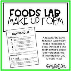 the food lab make up form is shown in green and white, with text on it