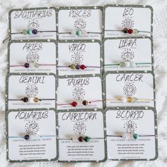 Choose Your ZODIAC Bracelet 🎁 Ready to gift: comes in cute packaging 🎁 Natural Gemstones: 6mm Macramé Yarn: 0.5mm Bracelet Size: sliding closure (fits on any wrist) ❗️Please note that each natural gemstone is unique, color/size/shape varies but I'll always make sure I hand pick a beautiful stone without imperfections. Dainty Handmade Bracelet, ready to gift. 🎨 For Custom Wishes please contact me & I'll be happy to assist you. Zodiac Bracelet Diy, Gemstone Bracelets Ideas, Birth Stone Bracelet, Bracelet Package, Zodiac Bracelets, Jewelry Packaging Design, Birthday Stone, Bracelet Packaging