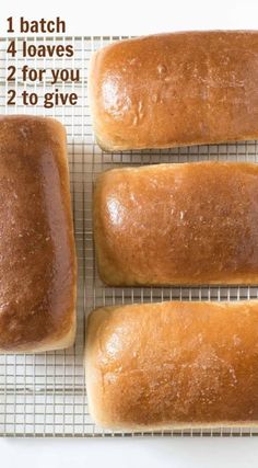 four loafs of bread sitting on top of a cooling rack