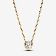 Make a statement with the Sparkling Heart Collier Necklace. This 14k gold-plated necklace is inspired by classic design elements from the Pandora Timeless collection. Featuring a raised heart-shaped central stone surrounded by a halo of clear cubic zirconia, the necklace also has a rectangular tag near the clasp with an engraved Pandora logo. Adjust the necklace length to suit your style and wear with other heart-shaped pieces for a look filled with love. - Pandora Sparkling Heart Collier Neckla Pandora Logo, Pandora Heart, Pandora Necklace, Heart Studs, Heart Earrings Studs, Gold Plated Necklace, Necklace Length, Design Element, Necklace Gold