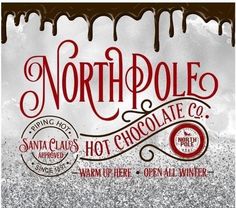 the north pole chocolate company logo is shown in red and silver glitter on a white background