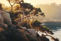 an oil painting of trees on the side of a cliff by the water's edge