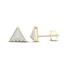 These striking men's earrings feature a contemporary triangle design embellished by brilliant round diamonds totaling 1/8 carat in weight. Styled in timeless 10K yellow gold with rhodium contrast, the earrings secure with screw backs. Men's Earrings, Triangle Stud Earrings, Triangle Earrings Stud, Triangle Studs, Kay Jewelers, Triangle Design, Men Earrings, Gold Price, White Earrings