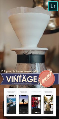 an image of a coffee pot with photos on it and the words vintage project below