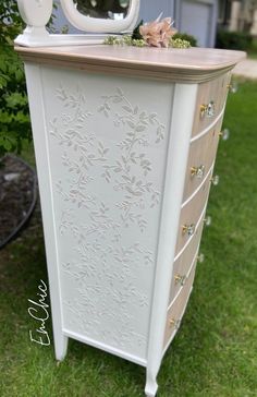 SOLD Example of Work: Antique 5 Drawer Dresser/tallboy/chest of Drawers/vintage/bedroom Furniture/nursery - Etsy Dresser Drawer Liners, Stencil Dresser, Raised Stencil, Furniture Makeover Inspiration, Tallboy Chest Of Drawers, Armoire Makeover, Vintage Bedroom Furniture, Tall Chest Of Drawers, Baroque Decor