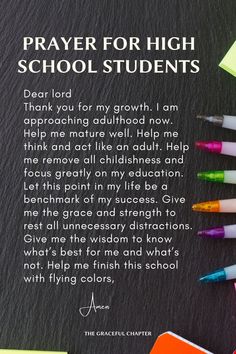 a prayer for high school students with colored pens and notebooks on the table next to it