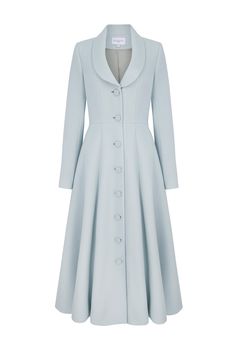 The Boston is a charming formal coat dress, tailored from a soft eucalyptus green mid-weight Italian wool crepe, and fully lined in pure silk. This stunning coat-dress silhouette has a soft rounded portrait collar, gently fitted bodice and a soft fit and flared overall silhouette. The coat dress has slim elegant full length sleeves and an integral bow detail which is fitted into the back of the coat design. Dome self-covered buttons add a beautiful feature as well as a secure fastening, giving y Elegant A-line Outerwear With Button Closure, Elegant A-line Formal Outerwear, Elegant Tailored A-line Outerwear, Elegant A-line Outerwear With Buttons, Elegant A-line Single Breasted Outerwear, Fitted Dress With Lapel Collar For Daywear, Coat Dress Outfit Classy, Elegant Fitted Midi-length Outerwear, Elegant Winter Dresses With Covered Buttons