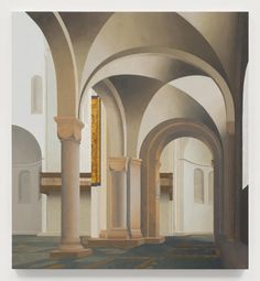 an oil painting of arches and pillars in a building with a gold framed piece on the wall