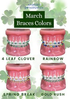 Popular braces colors for March Braces Color Combos For Summer, September Braces Colors, Spring Braces Colors Ideas, Aesthetic Braces Color Combos, Unique Braces Colors, January Braces Colors, Easter Braces Colors, Holiday Braces Colors