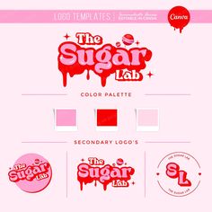 the sugar lab logo is shown in red and pink colors, as well as other logos