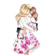 two girls hugging each other with their arms around one another, wearing white dresses and pink flowers