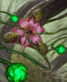 a painting of a pink flower surrounded by green orbs