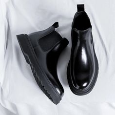 LBSFY - Men's Leather Shoes Korean Trend Comfortable Loafer British Fashion Men High Top Sneakers New Moccasins Zapatos De Hombre Black Leather Loafers For Winter, Black Leather Winter Loafers, Casual Business Chelsea Boots Slip-on, Winter Leather Loafers With Round Toe, Casual Slip-on Chelsea Boots For Business, Shoes Korean, Men's High Top Sneakers, Comfortable Loafers, Party Pumps