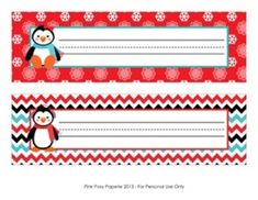 two red and black penguin themed name tags with snowflakes on the bottom one