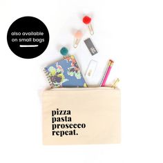 "► The Italy Food Lovers Market Tote Bag ◀︎ The most 3 perfect P's in our opinion! Pizza, Pasta + Prosecco. We adore this natural cotton tote bag. It's large + sturdy and perfect for running errands or heading to the farmers market. (psst: This bag is the PERFECT gift for your gal pal, fellow Italian food lover, or yourself) ►Product Details◀︎ ✔ 100% Cotton Canvas ✔ Heavy-Duty Woven Handles ✔ Size: 14.75″W x 14.75″H ✔ 22″ Handles; 3.5\" Gusset ✔ Printing Method: Laser Ink Transfer ✔ Care: Spot C Rectangular Zipper Pouch Bag For Back To School, Trendy Zipper Pouch Bag For Back To School, Trendy Back-to-school Zipper Pouch Bag, Rectangular Pouch For Back To School Gift, Back To School White Bag With Zipper Pouch, Trendy Bags For Back To School Gifts, Everyday Back To School Bag With Zipper Pouch, Back To School Everyday Bag With Zipper Pouch, Everyday Back To School Zipper Pouch Bag