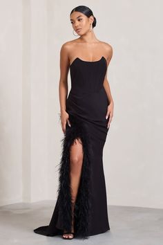 Say Yes Black Corset Maxi Dress With Split Feather Skirt – Club L London - USA Say Yes To The Dress Uk Dresses, Black Feather Trimmed Dress, Long Black Dress Feathers, Black Feather Long Dress, Long Split Skirt, Faux Feathers, Corset Maxi Dress, Curved Neckline, Feather Skirt