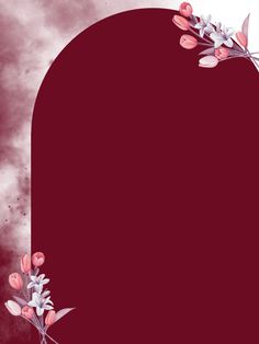 a red background with white flowers and leaves on the bottom right corner is an oval shaped frame