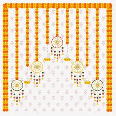 an orange and white wall hanging with beads on the sides, decorated with flowers and leaves