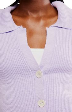 A soft rib adds everyday comfort and ease to a slouchy button-up sweater with dropped shoulders and a spread collar. 19 1/2" length ( size Medium) Spread collar Long sleeves 49% cotton, 44% viscose, 7% linen Hand Wash/ Lay flat Imported Lavender Fields, Lay Flat, Top Brands, Free People, Lavender, Button Up, Hand Wash, Nordstrom, Long Sleeves