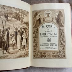 Rare antique missal in French "Missel du Saint Tabernacle" (Missal of the Holy Tabernacle) published by Brepols Turnhout in 1933. This is a beautiful and rare missal dedicated to the Holy Tabernacle. The edges of the pages are guilded, and every page has an illustration representing scenes from the Bible. As the book is almost one century old, it is in vintage condition : the book has an antique patina with charming a few humidity spots and the cover has a few usage traces . Please see all the p Spirituality Books, Rare Antique, The Bible, Favorite Books, Music Book, Patina, Spirituality, Bible, France