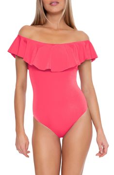 A frilly ruffle traces the off-the-shoulder neckline of this solid-hued swimsuit fashioned with short sleeves and moderate back coverage. Off-the-shoulder neck Short sleeves Removable soft cups Lined 83% nylon, 17% spandex Hand wash, line dry Imported Chic Off-shoulder Ruffled Swimwear, Fitted Off-shoulder Swimwear With Ruffles, Fitted Off-shoulder Ruffled Swimwear, Summer Off-shoulder Swimwear With Ruffles, Off-shoulder Ruffled Swimwear For Summer, Off-shoulder Swimwear For Swimming, Off-shoulder Ruffled Swimwear For Vacation, Off-shoulder Lined Swimwear For Summer, Off-shoulder Swimwear For Spring Pool Time