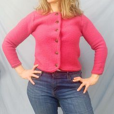 MEASUREMENTS: Shoulders:  16.5" Bust: 38" Sleeves: 21" Overall length: 22" FEATURES: -Knit trim -Six button front close A beautifully crafted sweater.  Made in Hong Kong. 100% wool.  This piece is in EXCELLENT vintage condition with no obvious flaws or signs of wear. WHAT TO KNOW BEFORE PURCHASING All items are described as accurately as possible, noting any major flaws or signs of wear.  As these are vintage items, please be aware they will not be the same as 'new' items recently manufactured.   Refunds are offered at seller's discretion (please message me if you feel you are entitled to a return or discount). Please measure carefully as vintage sizes are not the same as modern. Item will be shipped in 1 to 3 business days using USPS Standard Shipping - free of charge. INTERNATIONAL BUYER Fitted Wool Cardigan With Button Closure, Fitted Winter Cardigan With Snap Buttons, Fitted Cardigan With Snap Buttons For Winter, Fitted Single Breasted Sweater For Winter, Fitted Single-breasted Winter Sweater, Fitted Button-up Sweater With Snap Buttons, Vintage Pink Cardigan With Buttons, Fitted Wool Cardigan With Buttons, Fitted Long Sleeve Cardigan With Snap Buttons