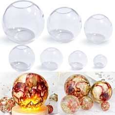 several different types of glass balls on display