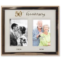 PRICES MAY VARY. BEAUTIFUL DESIGN: Lovely 50th anniversary frame with double matting and metal 50th anniversary applique and metallic printing of Then & Now under each opening INCREDIBLE VALUE: High quality heavy weight metal picture frame made with exceptional workmanship ELEGANT and LUSTROUS METAL FINISH: Elevate your home décor with this sophisticated timeless design that will complement any room EASY TO OPEN AND HANG: High quality easy open black velvet backing comes with an easel for table Anniversary Picture Frame, Wedding Anniversary Pictures, Then And Now Photos, Anniversary Frame, Anniversary Pictures, Metal Picture Frames, 50th Wedding Anniversary, 50th Wedding, Table Top Display