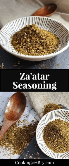 zaatar seasoning in a white bowl with wooden spoons