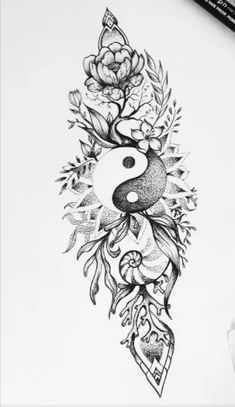 a drawing of a cat with flowers on it's head and a yin sign in the middle