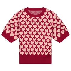 Head over heels with this wardrobe favourite. The heart knitted t-shirt is designed with a playful heart pattern, a boxy fit and short sleeves. 100% cotton Trendy Knit Tops With Heart Print, Cute Knit Tops With Heart Print, Playful Short Sleeve Tops With Heart Print, Casual Knit Tops With Heart Print, Knitted Clothes, Heart T Shirt, Heart Sweater, Vest Outfits, Knitted Tshirt