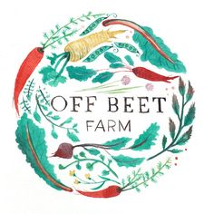 the off beet farm logo is painted in watercolor and surrounded by leaves and flowers