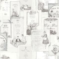 an old fashioned wallpaper with many different types of items on it, including paper