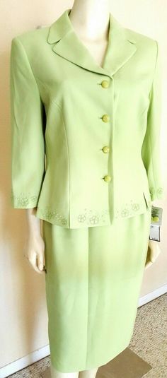 THIS AUCTION IS FOR ONE SET OF BRAND NEW KASPER WOMEN'S GREEN EMBROIEDED &  BEADED ELEGANT, FASHION, SEXY AND STYLISH SUIT JACKET & SKIRT SET  RETAIL PRICE :$159.99 JACKET: EMBROIEDED HEM AND ARM                  BUTTON CLOSURE FRONT                  LONG SLEEVES                   NIPPED WAIST                 1 BUTTON CUFFS                 LIGHT PADDED ON SHOULDERS                 FULL LINED SKIRT:    FULL LINED                 ELASTIC WAIST BAND                ZIPPER CLOSURE BACK WITH BUTTON Stylish Suit, Lined Skirt, Green Skirt, One Set, Skirt Suit, Elegant Fashion, Waist Band, Peplum Dress