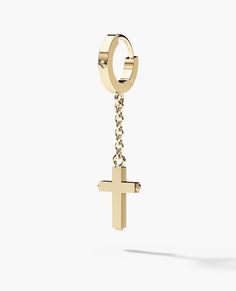 This hoop cross earring is made of solid gold and features a 9.5mm long chain, finished with signature Rockford screw designs. Elevate any look with this premium dangle cross earring. Dangle Cross Earrings, Earring For Men, Cross Earring, Pinky Signet Ring, Black Diamond Bands, Comfort Fit Wedding Band, Black Diamond Ring, Cross Earrings, Gold Earring