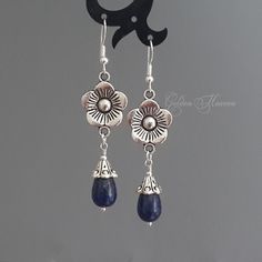 "Lapis Lazuli Earrings Long Dangle flower Dark blue stone earrings lapis dangles handmade jewelry gift tibetan silver 925 sterling silver Length approx. 62mm (2 3/8\")  Width approx. 15mm (5/8\") Accepted payments:  1)-PayPal,  2)-Credit/Debit Card through PayPal   HOW TO PAY WITH CREDIT CARD THROUGH PAYPAL:  1)Click \"Check out with PayPal\" ( even if you don't have PayPal account).  2)Choose \"Pay with Credit/Debit Card. You can do it in guest mode without owning/creating a PayPal account. If Handmade Sterling Silver Dangle Flower Earrings, Elegant Lapis Lazuli Dangle Jewelry, Bohemian Lapis Lazuli Teardrop Jewelry, Bohemian Lapis Lazuli Earrings, Nickel-free Blue Sterling Silver Flower Earrings, Sapphire Dangle Jewelry With Natural Stones, Blue Sterling Silver Flower Earrings Nickel Free, Sapphire Dangle Earrings With Natural Stones, Handmade Blue Sterling Silver Flower Earrings