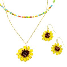 Nothing says summer like bright yellow sunflowers! (Mirasol in Spanish) As unique as their namesake, the Mirasol earrings are made from yellow oblong faceted crystals for the petals and a cluster of warm brown seed beads for the center sunflower seeds. All are wired together with gold plated wire and suspended on a hypoallergenic gold plated fishhook. 7/8 inch diameter and 1 1/2 inch total length. Complete your look with the matching Mirasol necklace. Yellow Sunflowers, Jobs For Women, Yellow Sunflower, Warm Brown, Sunflower Seeds, Gift Card Shop, Faceted Crystal, In Spanish, Bright Yellow