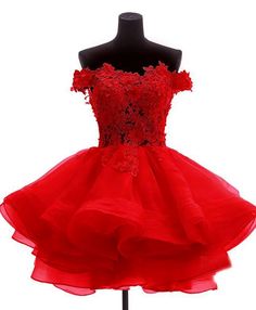 Mini Tulle Lace Short Prom Dress Red Homecoming Dresses Short, Red Hoco Dress, Off The Shoulder Homecoming Dress, Homecoming Dress Short, Dama Dresses, Homecoming Dresses Lace, Dresses A Line, Cute Homecoming Dresses, Red Homecoming Dresses