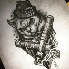 a drawing of a cat with a hat and chain around its neck