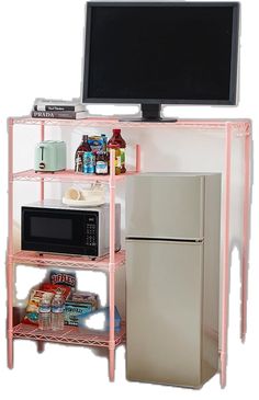 a microwave, refrigerator and shelf with food on it