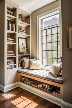 a window seat in front of a book shelf filled with books