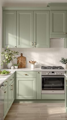 Kitchen Cabinet Color Ideas Sage Green Walls White Cabinets, Sage Green And Wood Kitchen Cabinets, Sage Green And Taupe Kitchen, Green And Greige Kitchen, Sage Green Bottom Kitchen Cabinets, Kitchen With Light Green Cabinets, Light Green Kitchen Aesthetic, Scandinavian Green Kitchen, Pale Green Kitchen Ideas