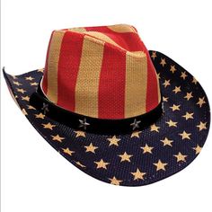 Vintage Usa Patriotic Straw Cowboy Hat Shapeable Red Patriotic Summer Hat, Red Beach Hat For 4th Of July, Red Hat For Beach And 4th Of July, 4th Of July Beach Cap, Casual Red Hat Band For Beach, Casual Red Hat Band For Summer, Casual Red Hat Bands For Beach, Red Casual Hat Band For Summer, Patriotic Red Hat For Beach