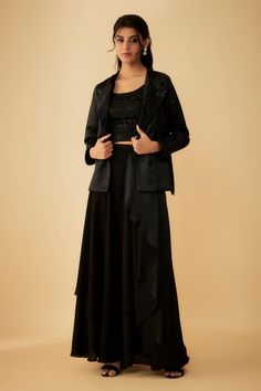 Black satin jacket with cutdana embroidery. Comes with a draped skirt and a blouse. - Aza Fashions Cutdana Embroidery, Satin Jacket, Tarun Tahiliani, Draped Skirt, Satin Jackets, Satin Color, Embroidered Jacket, Modern Bride, Skirt Pattern