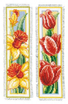 two cross stitch bookmarks with red and yellow tulips on them, one in the