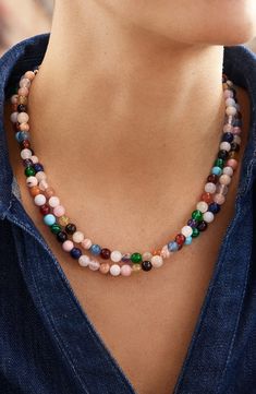 Colorful semiprecious beads enliven this beautiful necklace and bring a cool, new-age vibe to your neckline. 17" length; 3" extender Lobster clasp closure Mother-of-pearl, quartz, malachite, tiger's-eye, sodalite and opal Imported Big Beaded Necklace, Stone Bead Necklace, Gold Medallion Necklace, Semiprecious Stone Jewelry, Pave Beads, 18k Gold Earrings, Stone Beaded Necklace, Gold Bead Bracelets, Beaded Pendant Necklace