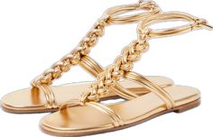 Luxury Gold Leather Sandals, Designer Gold Leather Sandals, Chic Gold Leather Sandals, Chic Gold Sandals With Leather Sole, Luxury Gold Metallic Leather Sandals, Luxury Gold Sandals With Leather Sole, Gold Sandals With Leather Sole For Evening, Gold Calf Leather Sandals For Party, Designer Gold Flat Sandals