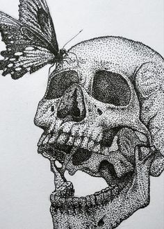 a drawing of a skull with a butterfly on its head